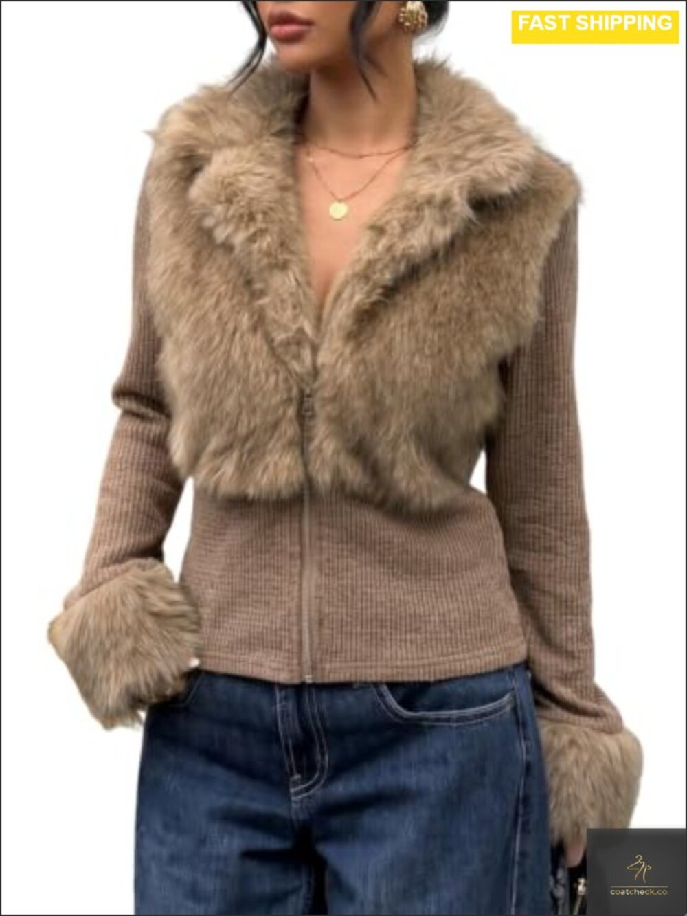 Faux Fur Collar Cuff Zip Up Slim Fit Winter Coat Y2K Knit Jacket